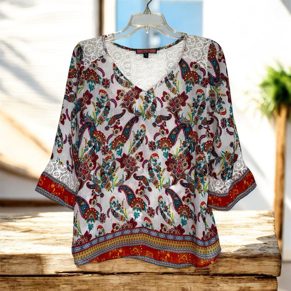 Olive Hill Bohemian Floral Paisley V-Neck Blouse with Lace Inserts size M